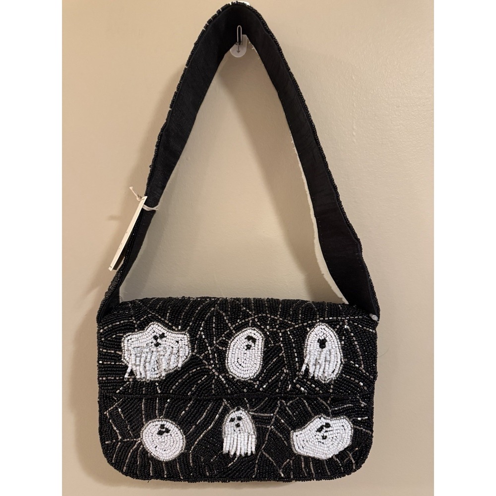 Sol & Mer Halloween Ghost Beaded Shoulder Bag Purse Black White VIRAL NWT